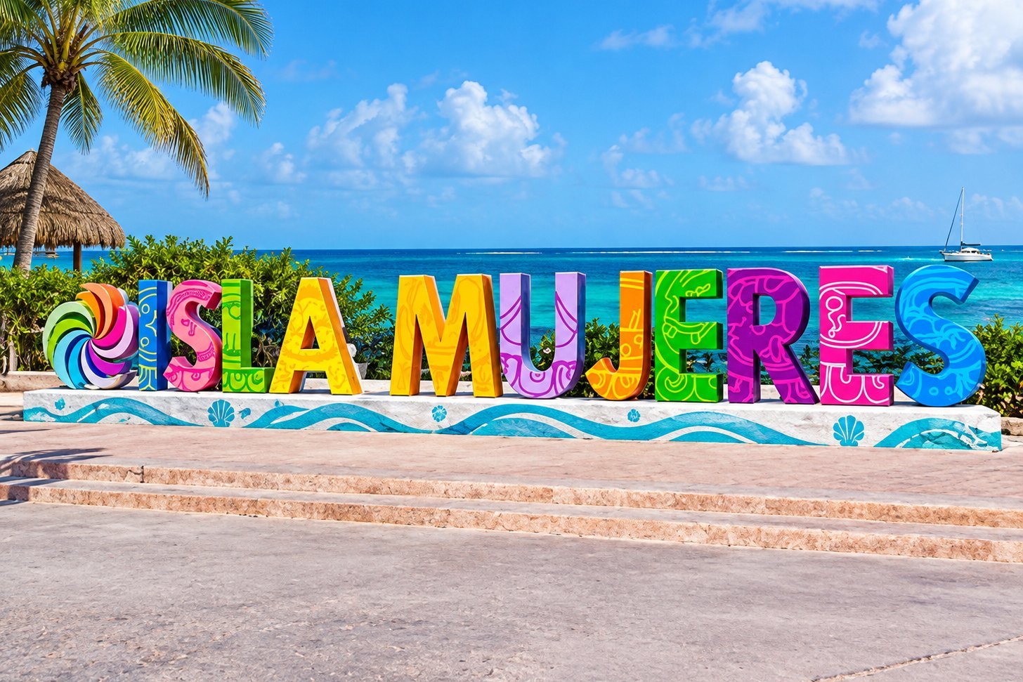 Panneau emblématique « Isla Mujeres » face à la mer turquoise
