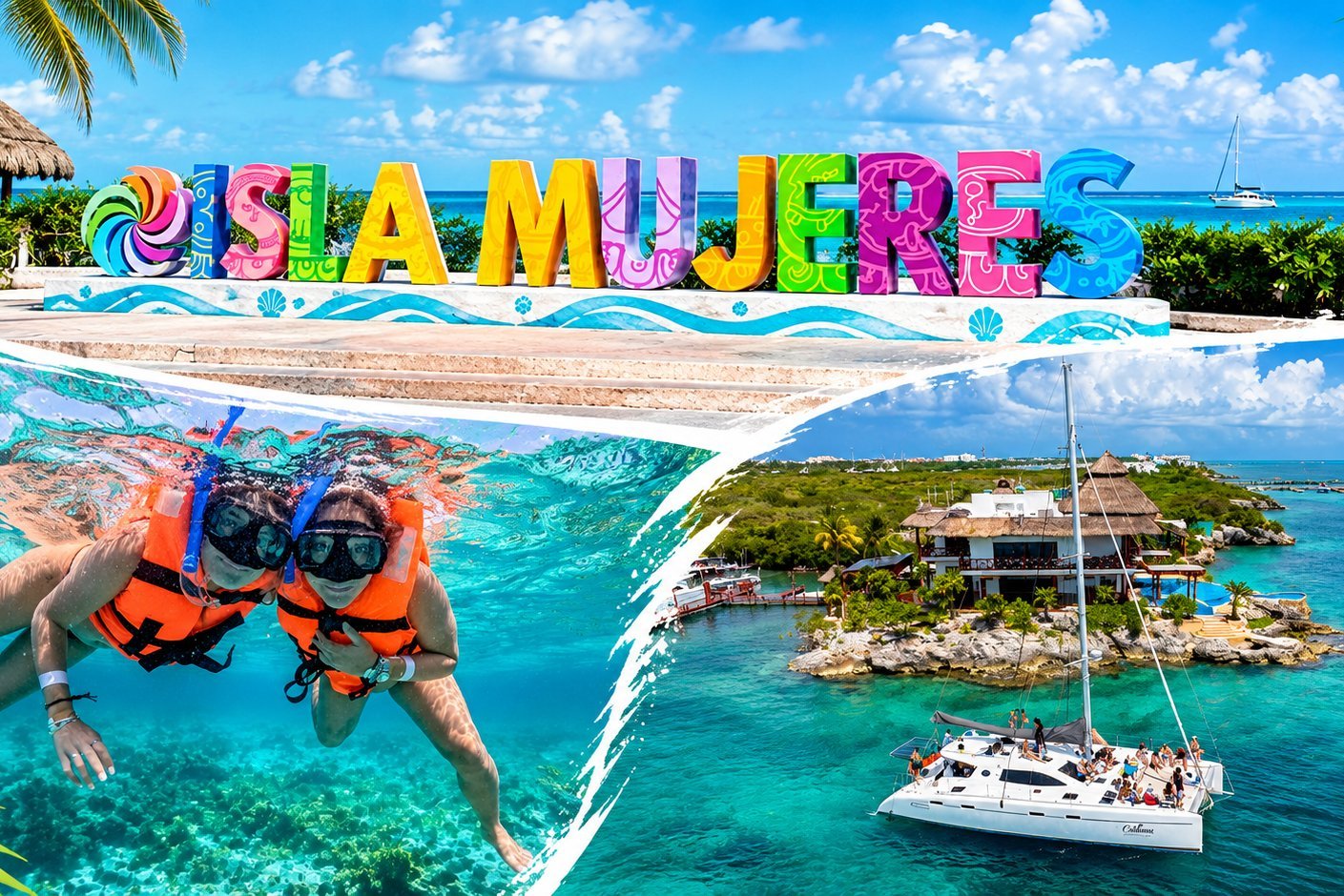 Collage Isla Mujeres : panneau emblématique, snorkeling et catamaran ancré près de l'île